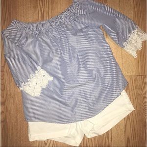 Blue and white striped off shoulder top size M
